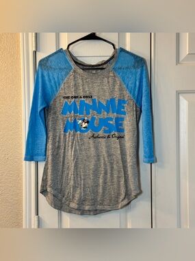 Disney Parks The One and Only Minnie Mouse Gray Raglan W/Blue Sleeves Size Sm
